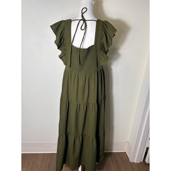 Crosby Olive Green Square Neck Ruffled Sleeveless Straps Midi Tiered Dress Sz M - Picture 3 of 4